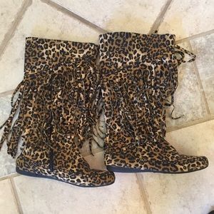 Leopard print fringe boots. Size 7.5